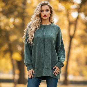 Zenana S/M Green Oversized Drop Batwing Sleeve High Low Hacci Tunic Sweater